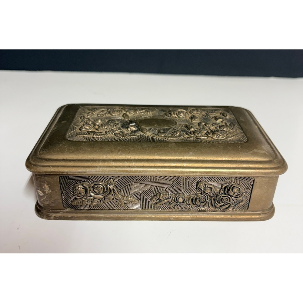 Vintage Silver-Plated?  Raised Floral Design Trinket Box with Blue Velvet Liner.
